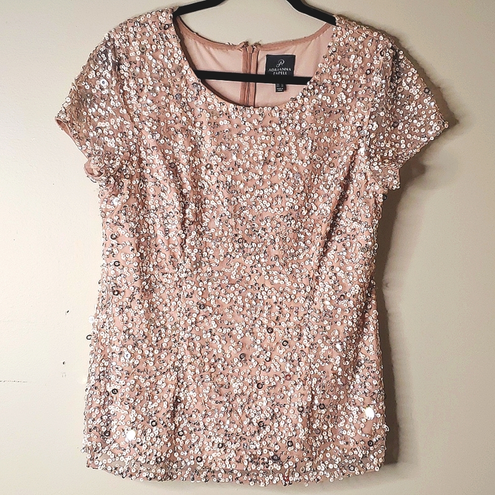 Adrianna Papell pink, shimmery,all over sequin top size large.